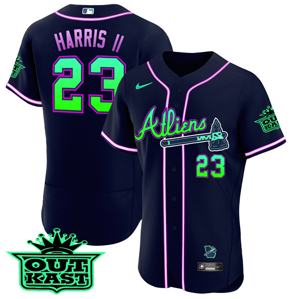 Men's Atlanta Braves #23 Michael Harris II 2023 Galaxy Flex Base Stitched Baseball Jerseycago Cubs #40 Willson Contreras White 2020 Stars & Stripes Flex Base Stitched Jersey